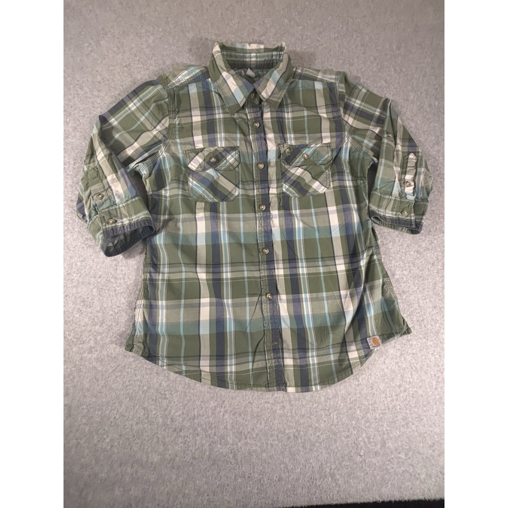 Carhartt‎ Womens Plaid Button Up Shirt Medium 8-10 Green Stretch